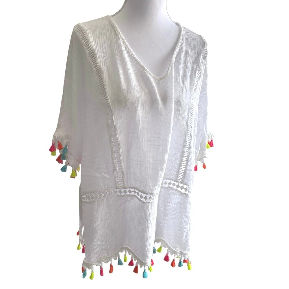 Altard State white swim rainbow tasseled cover up top sz M breathable eyelet